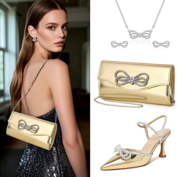 Women Evening Handbag Shiny Crystal Bow Flap Clutch Purse for Women Wedding Part - Picture 3 of 9